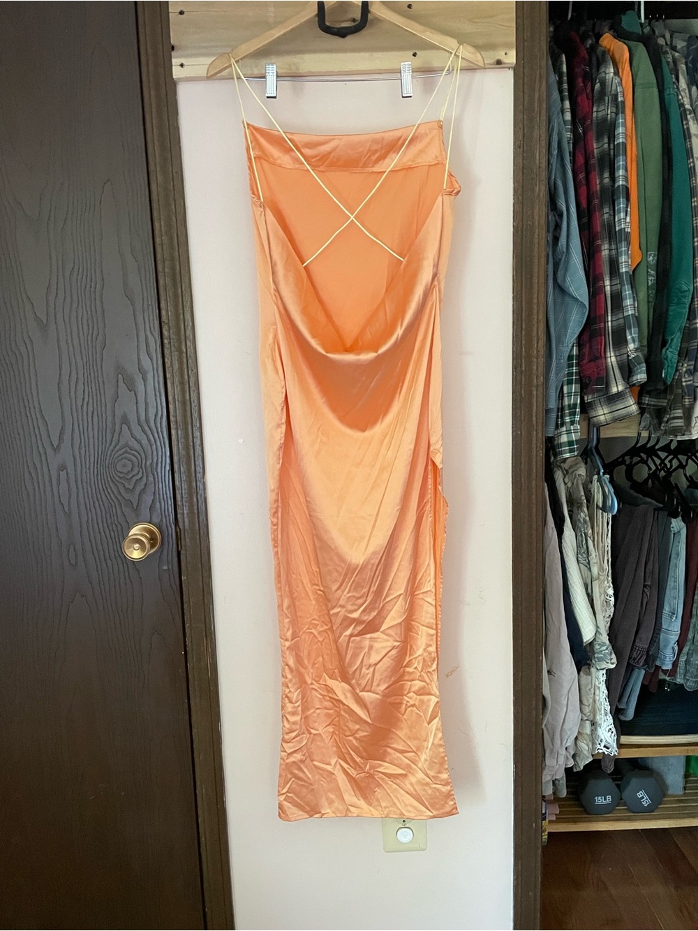Long Slit Satin Maxi Dress in Peach Orange - Picture 5 of 8